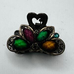 Vintage METAL HAIR CLAW/CLIP Brass Tone Multicolor